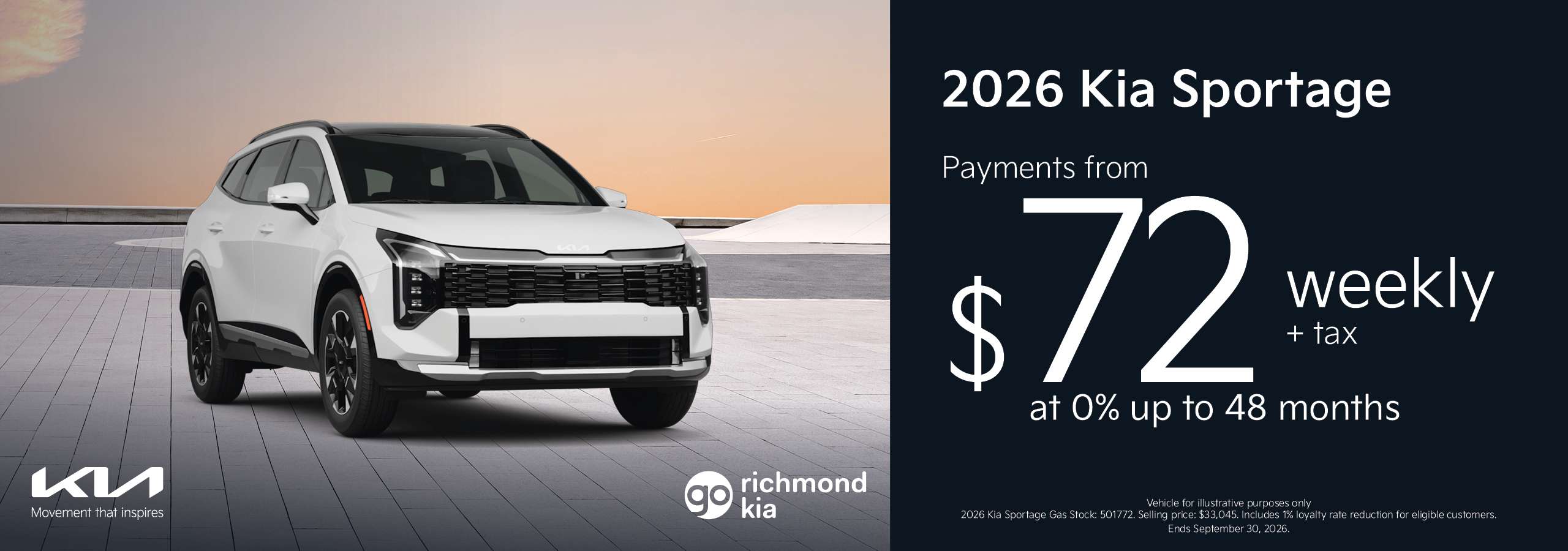 2026 Kia Sportage at 0% for 48 months at Go Kia Richmond