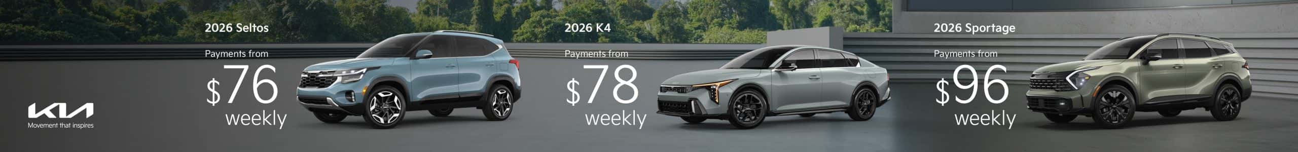 Go Kia South June Offers: 2026 Seltos from $76 weekly, $2026 K4 from $78 weekly, and 2026 Sportage from $96 weekly.
