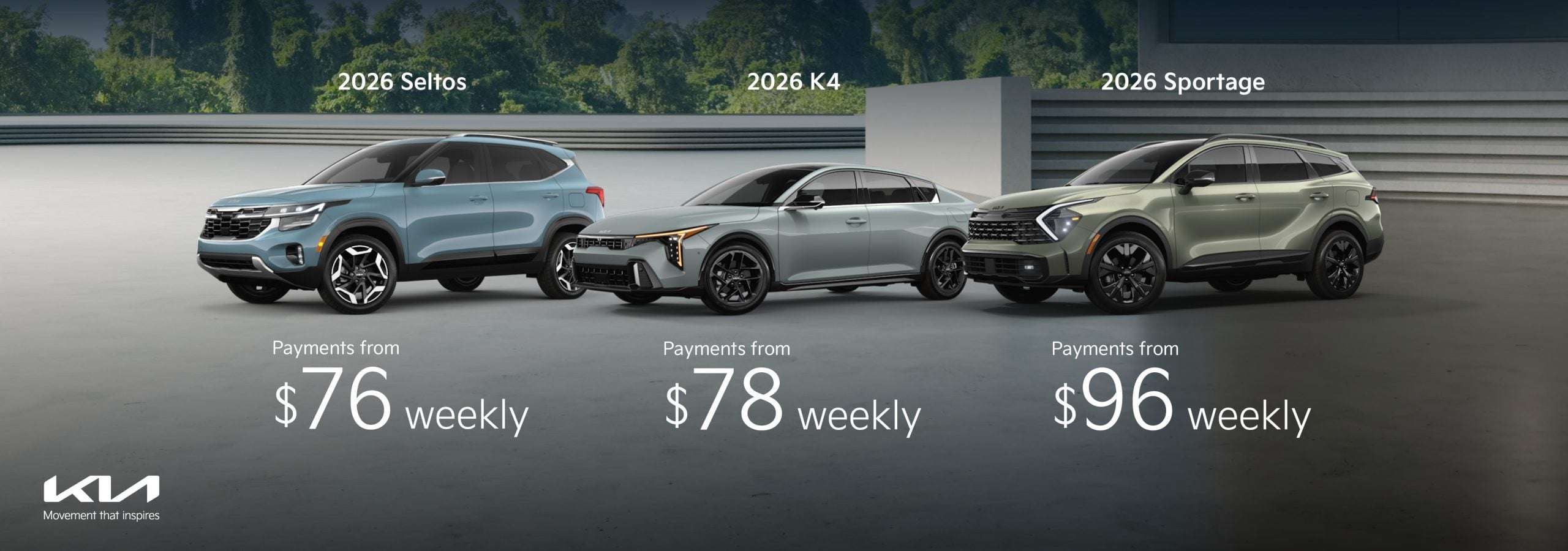 Go Kia South June Offers: 2026 Seltos from $76 weekly, $2026 K4 from $78 weekly, and 2026 Sportage from $96 weekly.