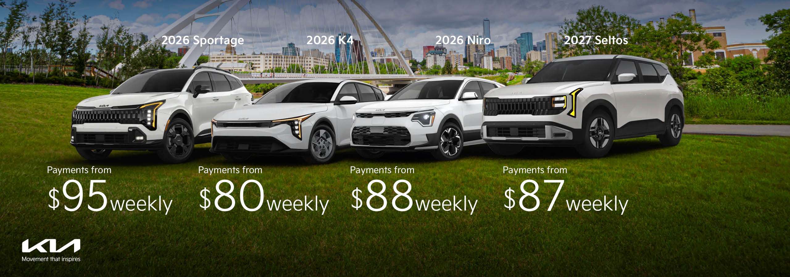 Go Kia South July offers. Get a 2026 Sportage from $95 weekly, a 2026 K4 from $80 weekly, a 2026 Niro from $88 weekly, or the all-new 2027 Seltos from $87 weekly.