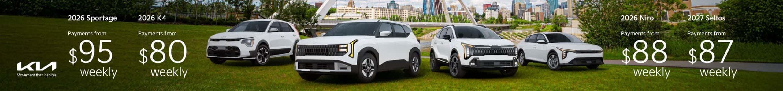 Go Kia South July offers. Get a 2026 Sportage from $95 weekly, a 2026 K4 from $80 weekly, a 2026 Niro from $88 weekly, or the all-new 2027 Seltos from $87 weekly.
