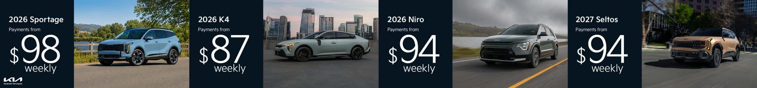 Go Kia South - 2026 Sportage from $98 weekly, 2026 K4 from $87 weekly, 2026 Niro from $94 weekly, 2027 Seltos from $94 weekly. Only unitl August 31, 2026.