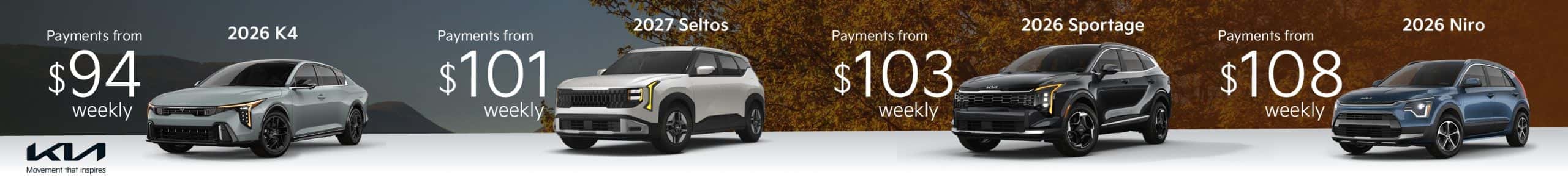 Go Kia South September Offers: Get a 2026 K4 from $94 weekly, 2027 Seltos from $101 weekly, 2026 Sportage from $103 weekly, or a 2026 Niro from $108 weekly. Offers end September 30, 2026.