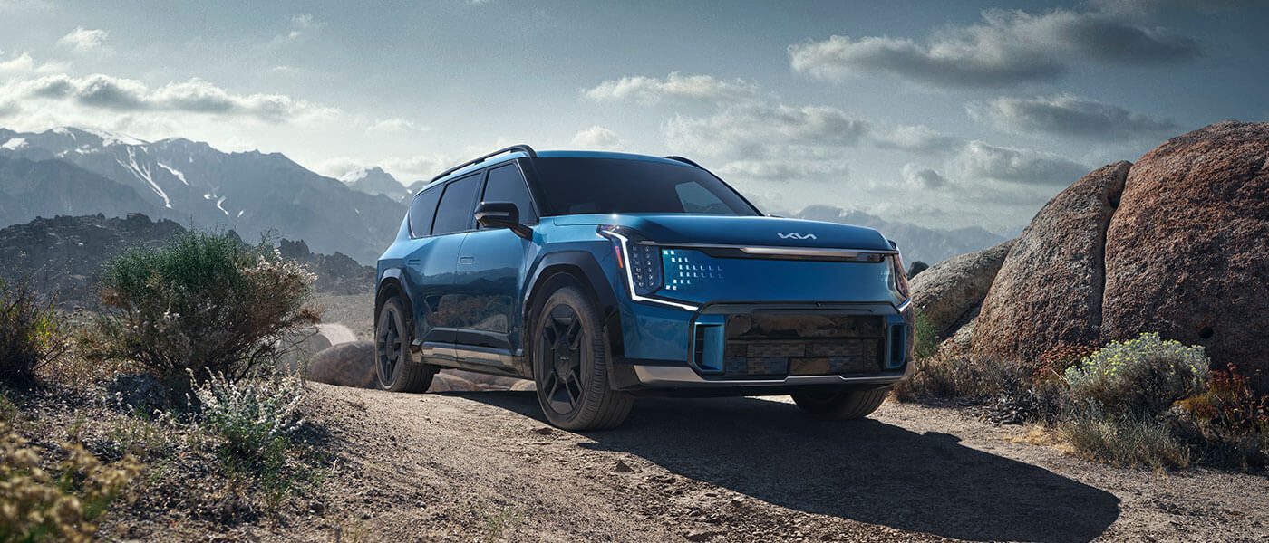 Kia EV9 Ocean Blue exterior design shot.