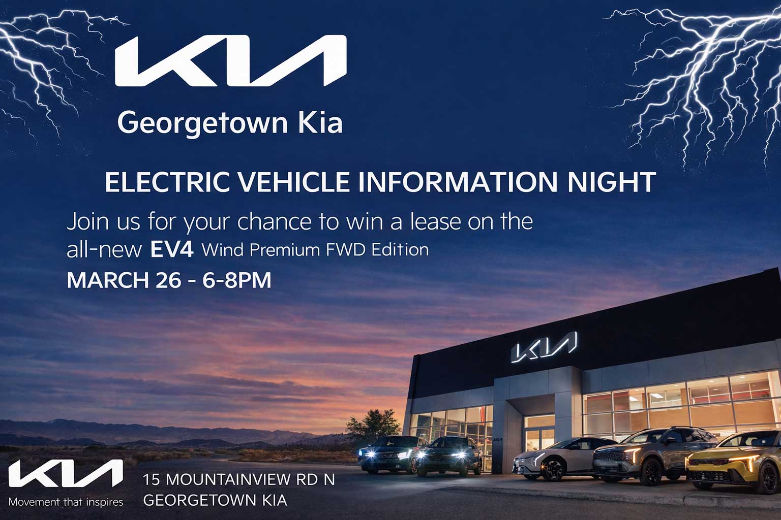 Don't miss Kia EV Night – for a chance to win a 2-year lease on the EV4 Wind Premium FWD Edition – Georgetown Kia – March 26 from 6-8 p.m.