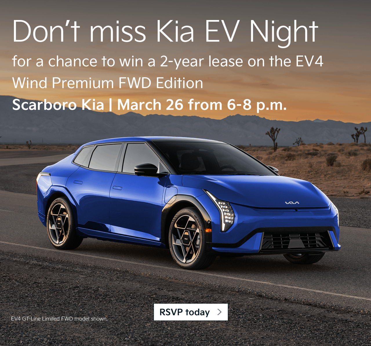 Don't miss Kia EV Night – for a chance to win a 2-year lease on the EV4 Wind Premium FWD Edition – Scarboro Kia – March 26 from 6-8 p.m.