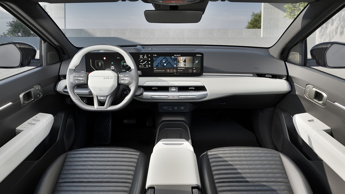 2026 electric sedan Kia EV4 interior with panoramic digital display